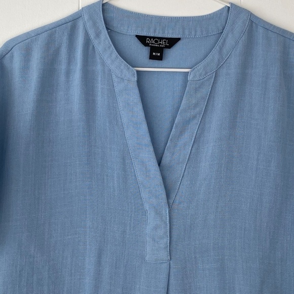 RAYCHEL Roy linen look v-neck tunic length short sleeve top in blue - Picture 6 of 7